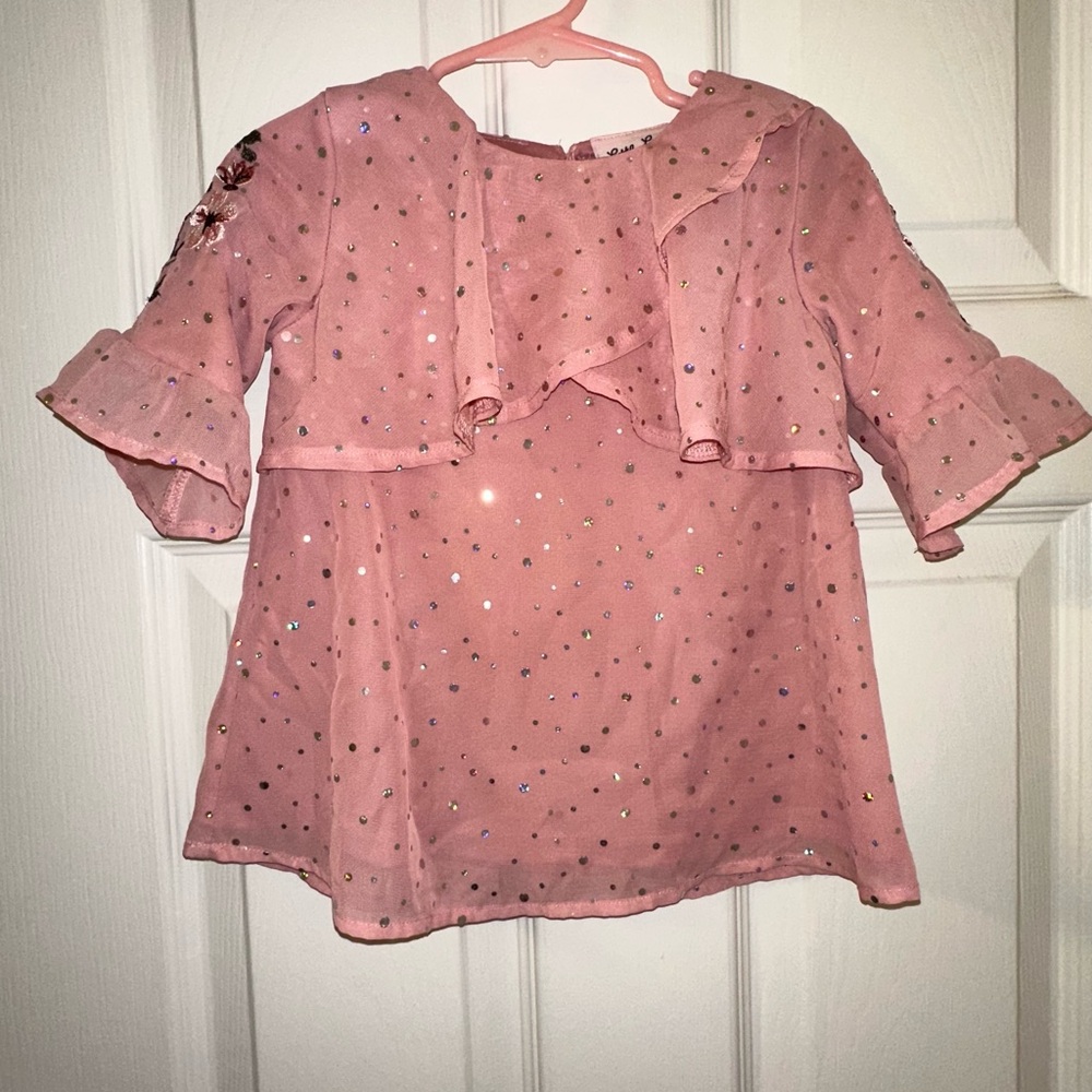 Little Lass Pink Sparkly Top Blouse Bell Sleeve Floral Embroidery Girls Size 2T